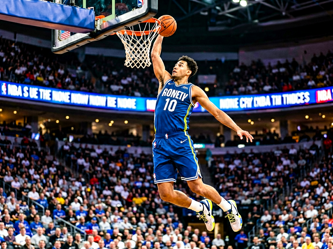 篮球运动员在空中完成扣篮的精彩瞬间，体现NBA赛事的动感与力量