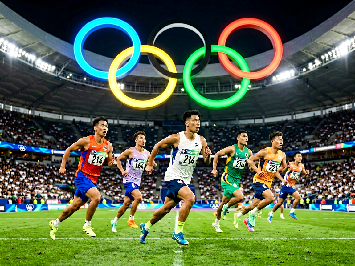 奥运五环在体育场馆上空闪耀，象征奥林匹克精神与全球体育盛事