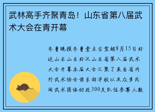 武林高手齐聚青岛！山东省第八届武术大会在青开幕